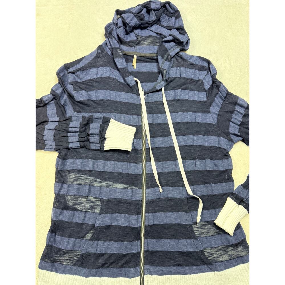 Pete & Greta Johnny Was L Striped Full Zip Hoodie Crossover Back Navy Blue